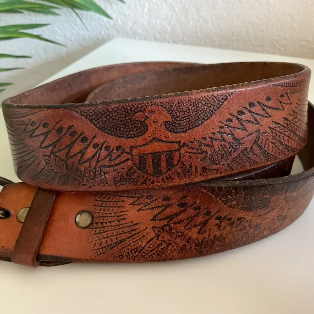 Vintage Lyntone Brown Leather Tooled Belt 42 inch with Buckle